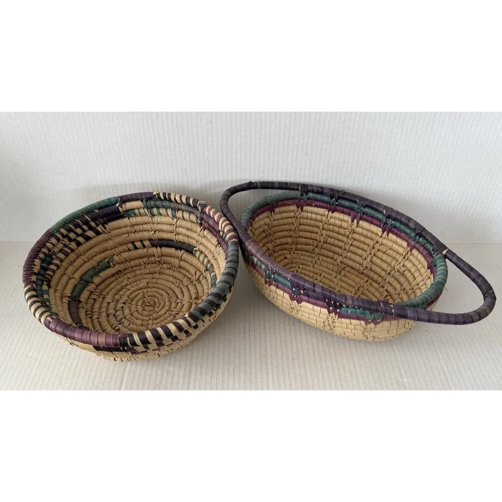 Vintage Handwoven Coiled Basket Set Boho Rustic Woven Decorative Bowls
